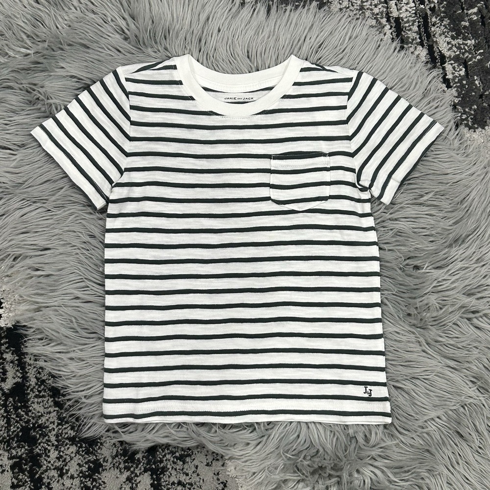 Janie And Jack Boys Basic White And Grey Stripe T With Pocket Size 2T NEW In Bag